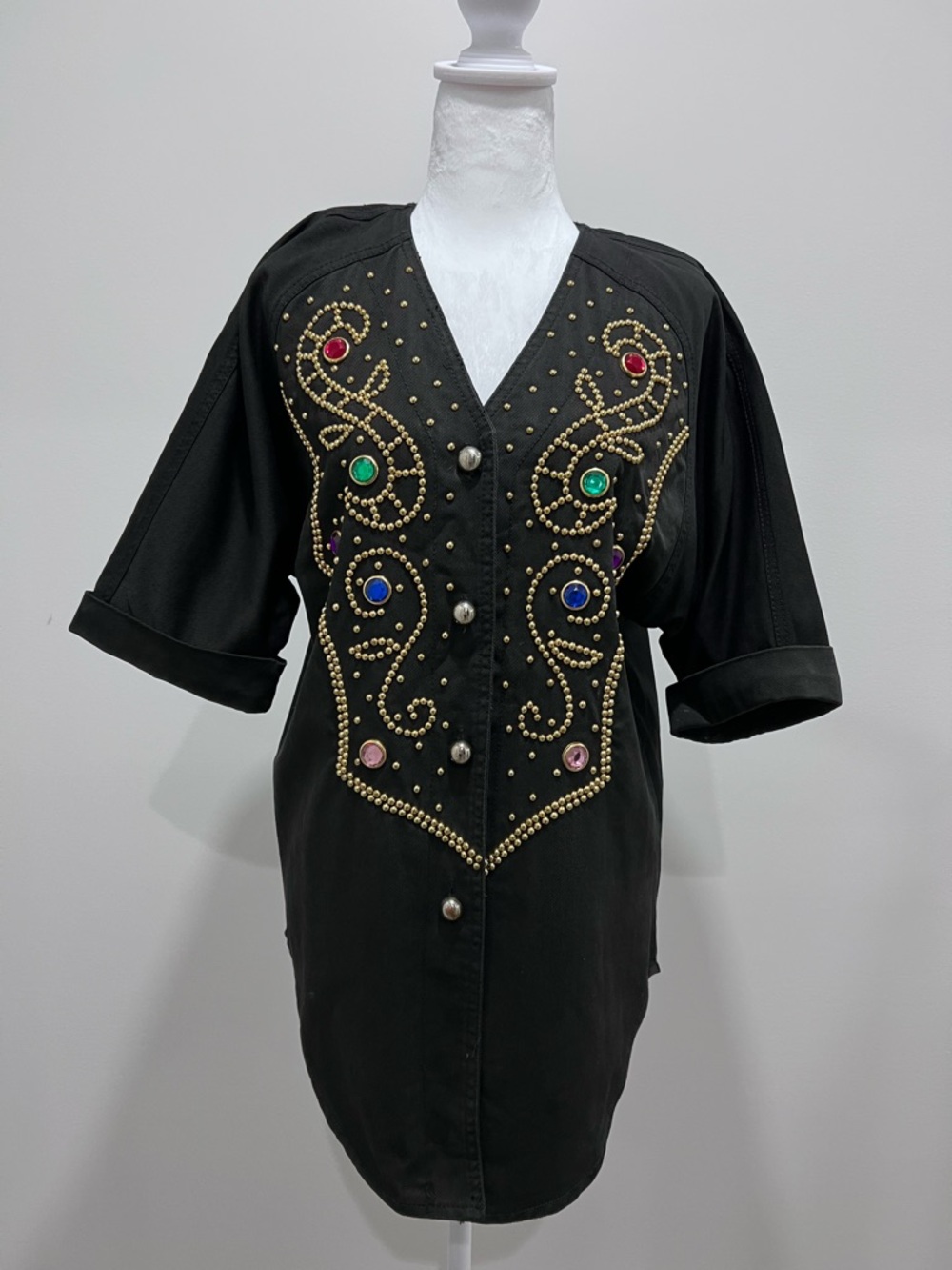 Vintage denim top or dress with Multicolor Jewel Accents